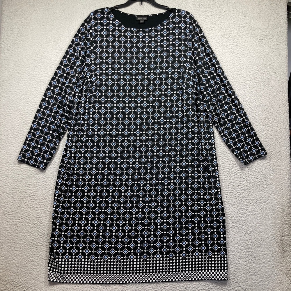 J. Jill Wearever Dress Women 2X Black Blue Geometric Diamond Jersey Knit Shift